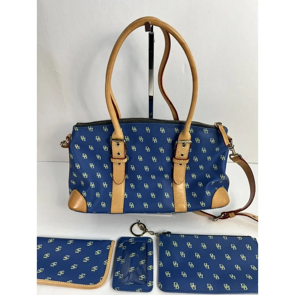Dooney & Bourke Blue & Tan Monogram Satchel Purse w/ Wallet Glasses Case ID Hold